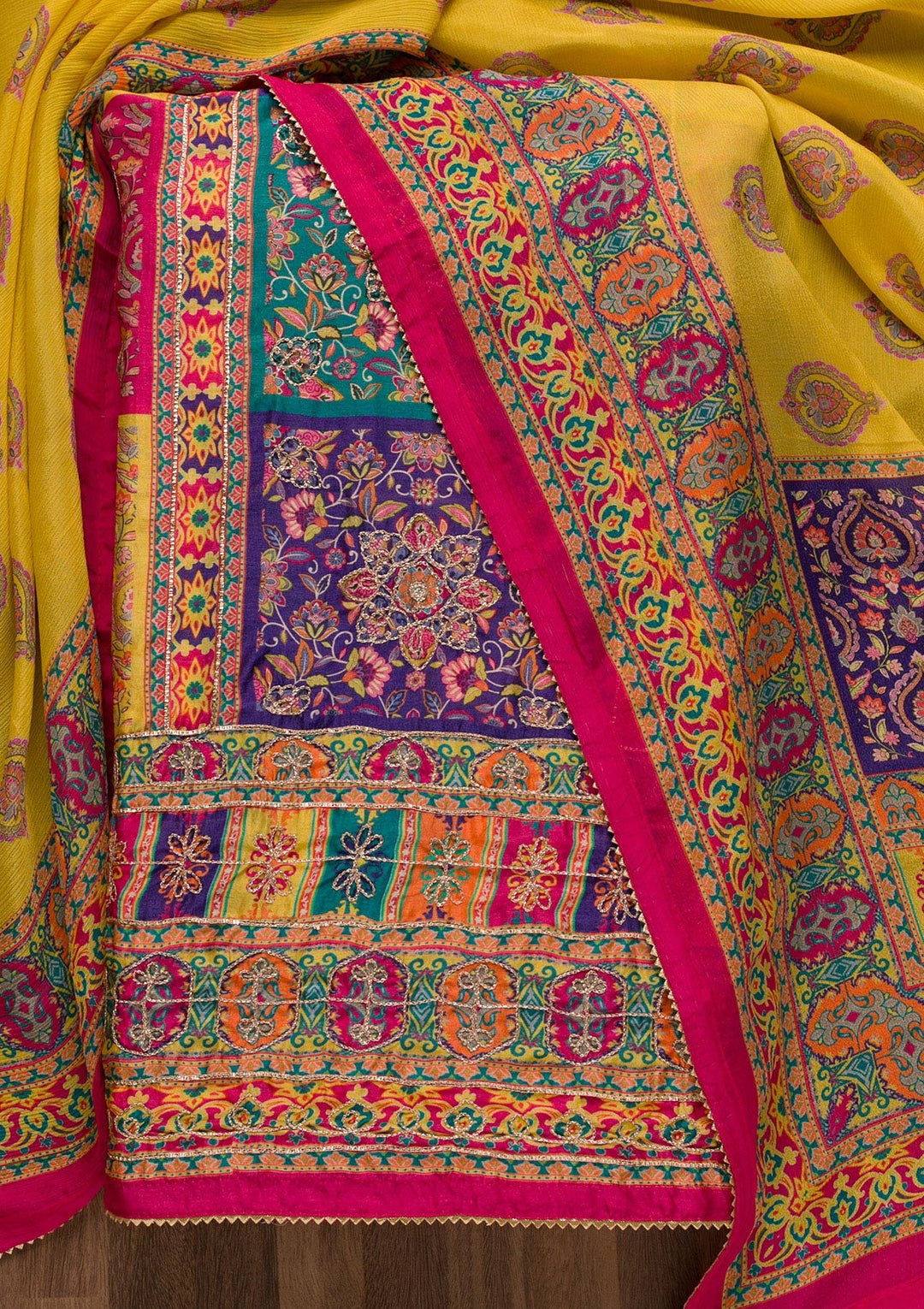 Rani Pink Printed Semi Crepe Unstitched Salwar Suit-Koskii