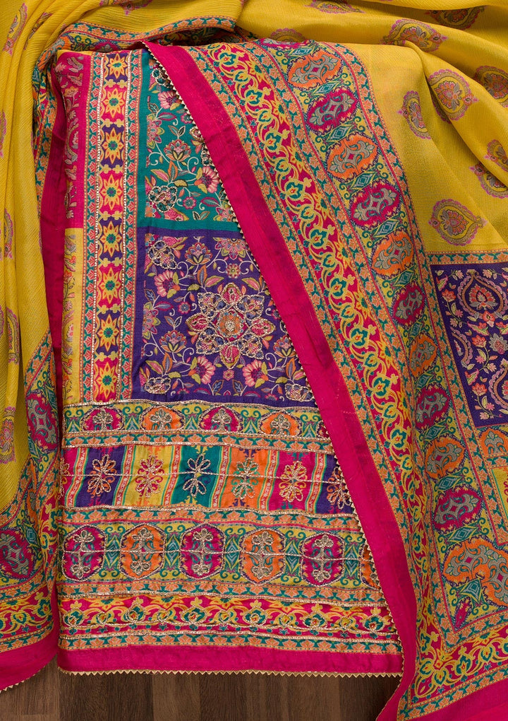 Rani Pink Printed Semi Crepe Unstitched Salwar Suit-Koskii