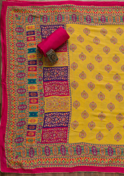 Rani Pink Printed Semi Crepe Unstitched Salwar Suit-Koskii