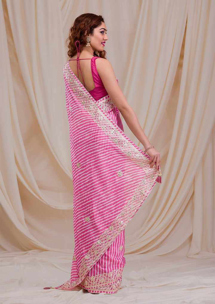 Rani Pink Printed Semi Crepe Saree-Koskii