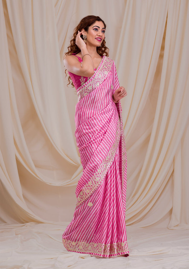 Rani Pink Printed Semi Crepe Saree-Koskii