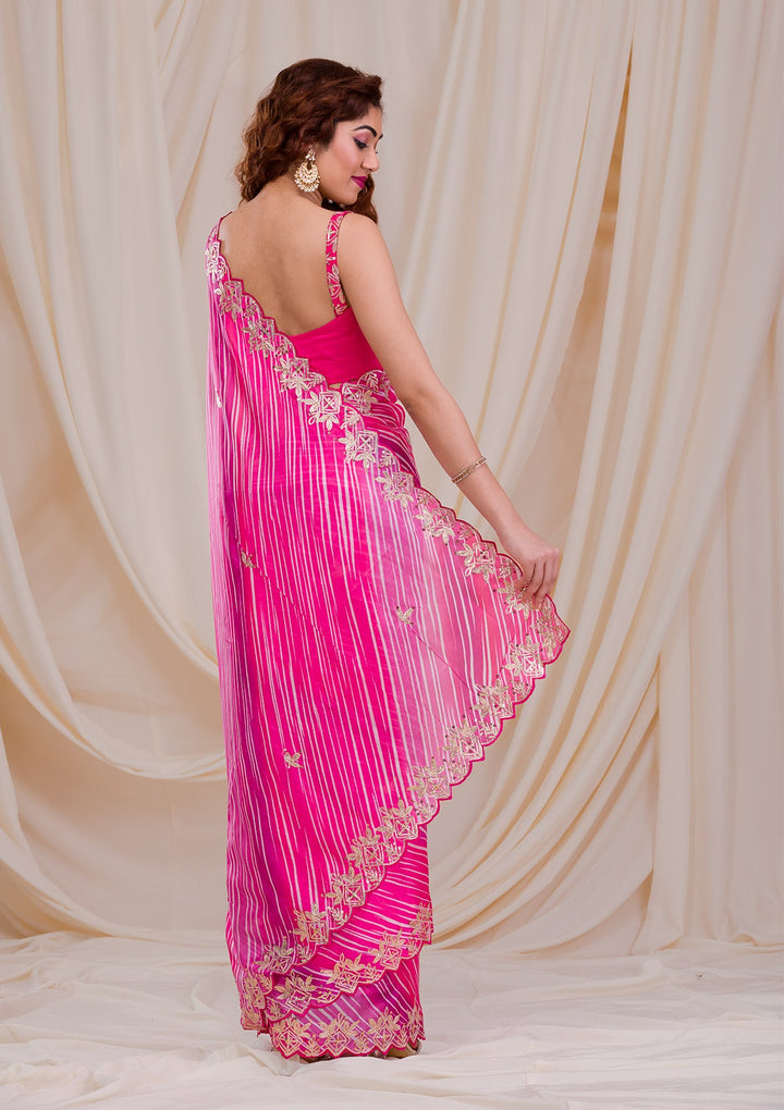 Rani Pink Printed Semi Crepe Saree-Koskii