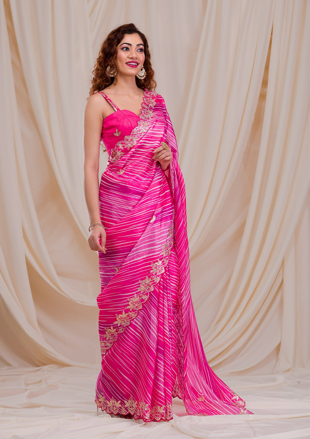 Rani Pink Printed Semi Crepe Saree-Koskii