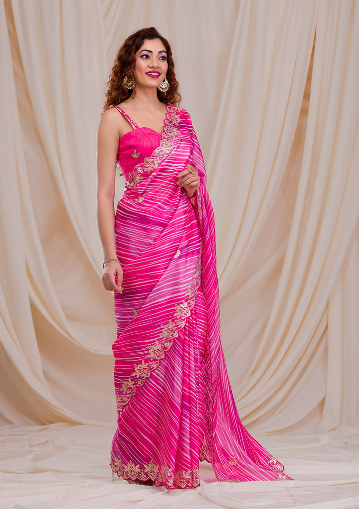 Rani Pink Printed Semi Crepe Saree-Koskii