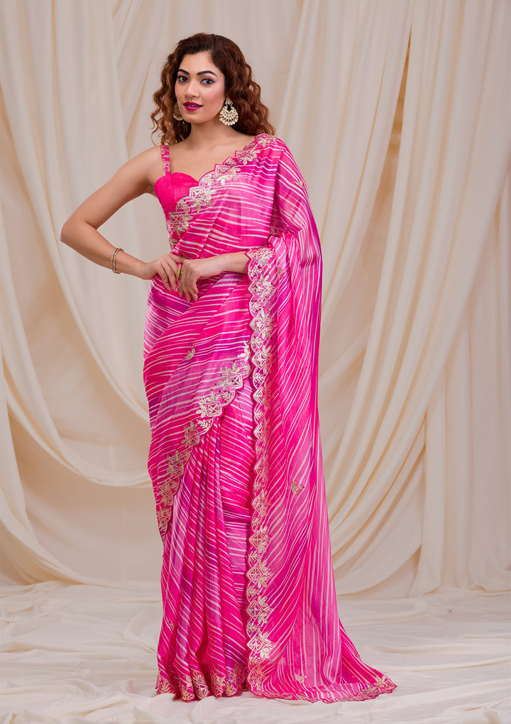 Rani Pink Printed Semi Crepe Saree-Koskii
