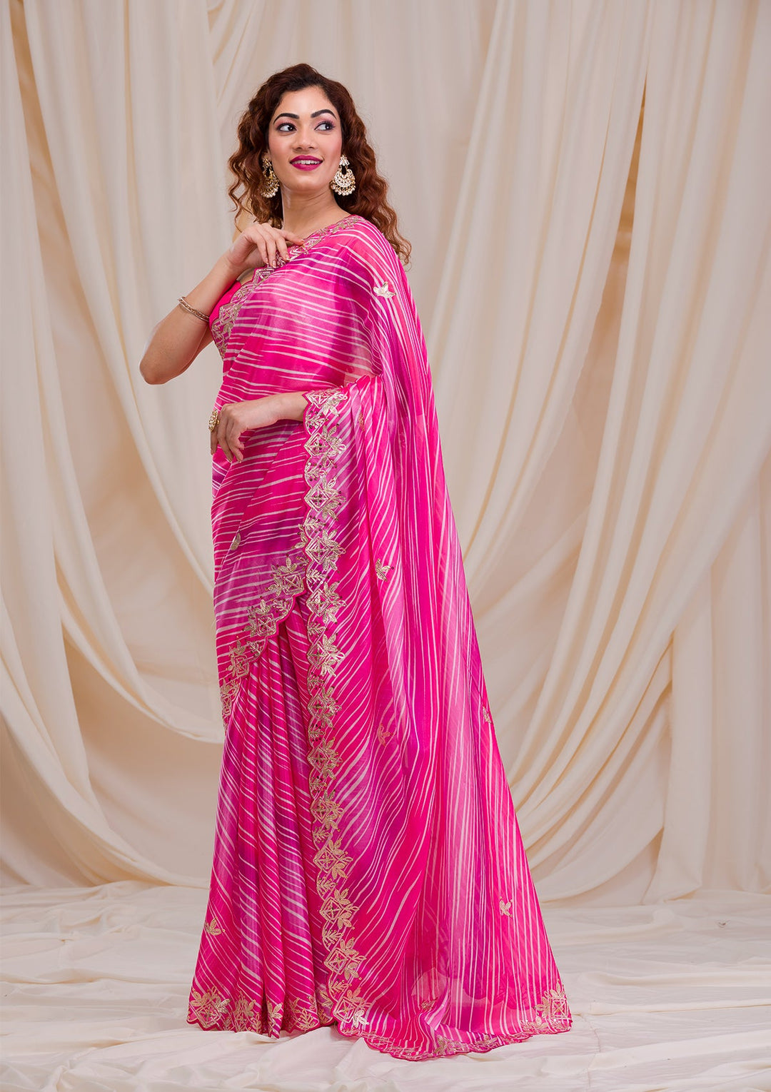 Rani Pink Printed Semi Crepe Saree-Koskii