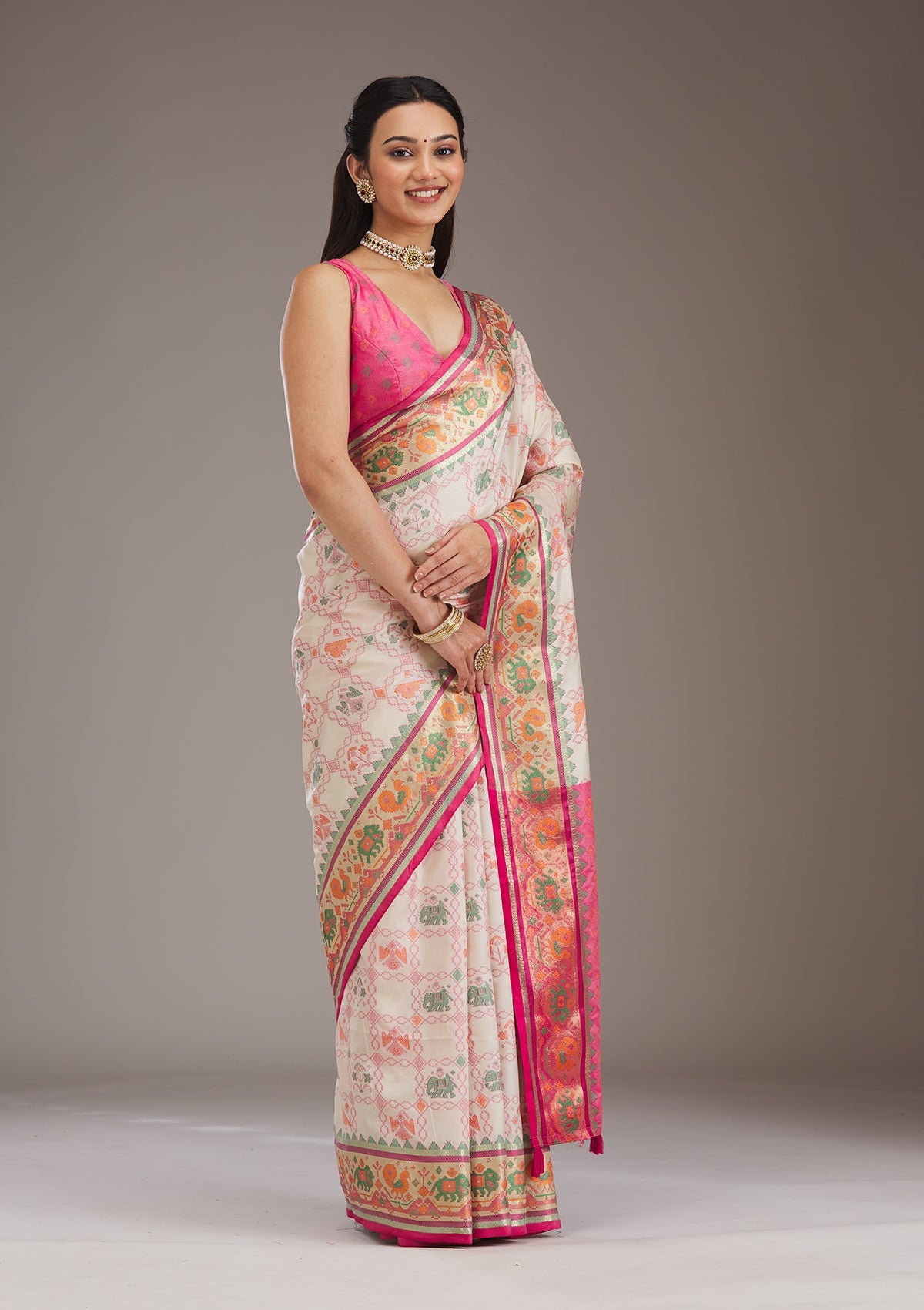 Rani Pink Printed Silk Saree-Koskii