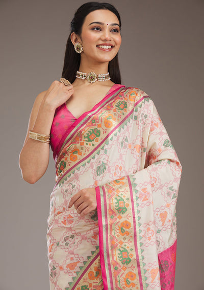 Rani Pink Printed Silk Saree-Koskii