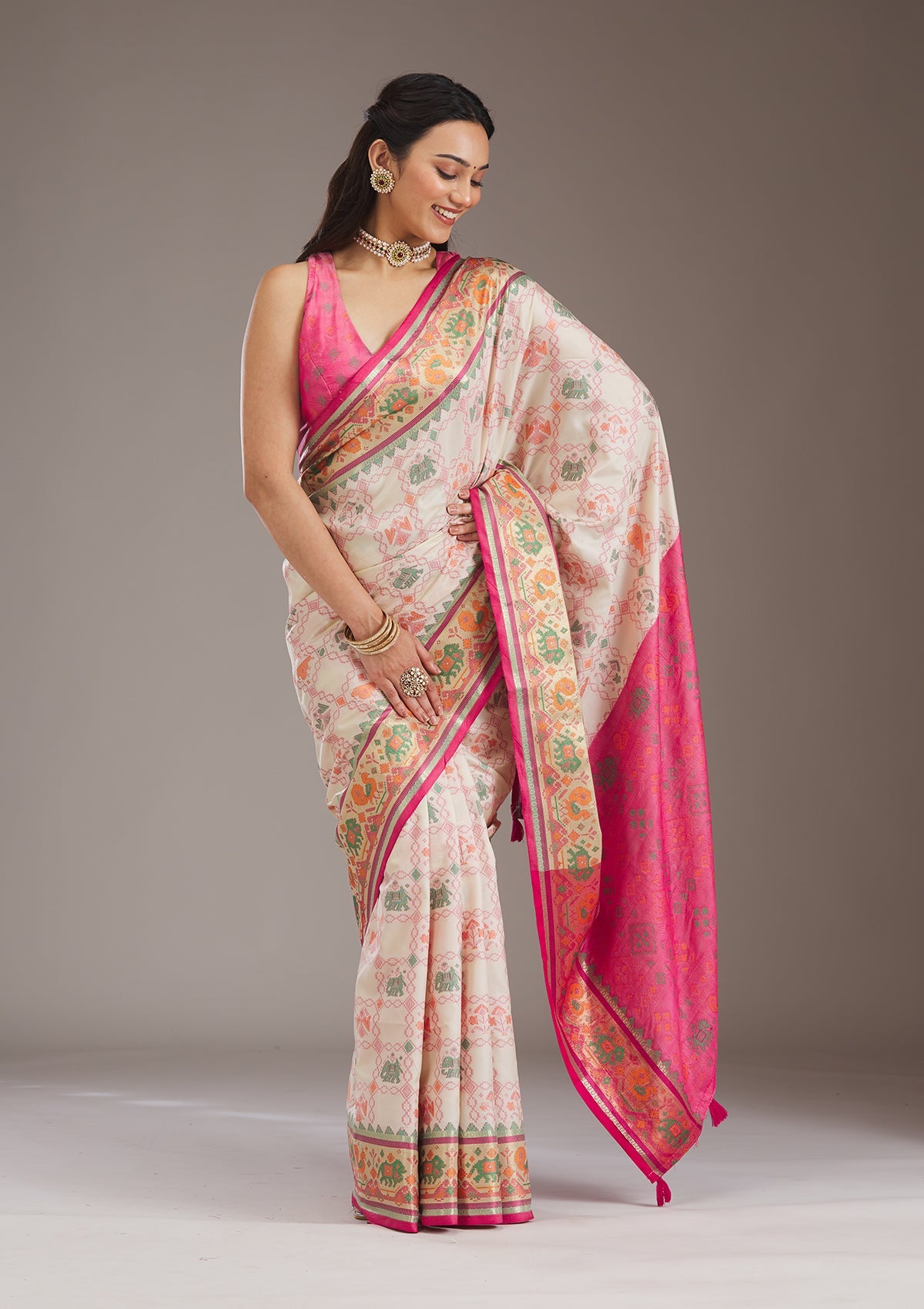 Rani Pink Printed Silk Saree-Koskii