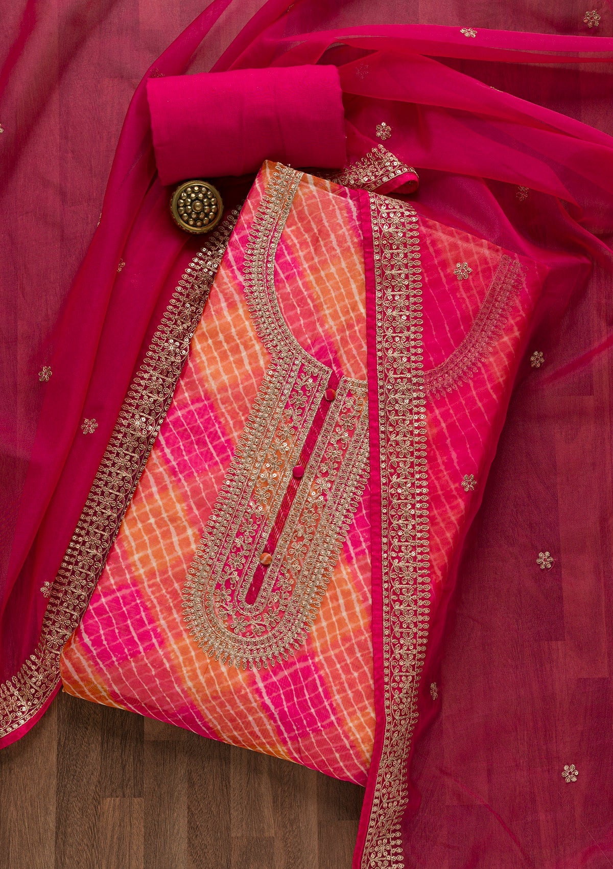 Rani Pink Printed Tissue Unstitched Salwar Suit-Koskii