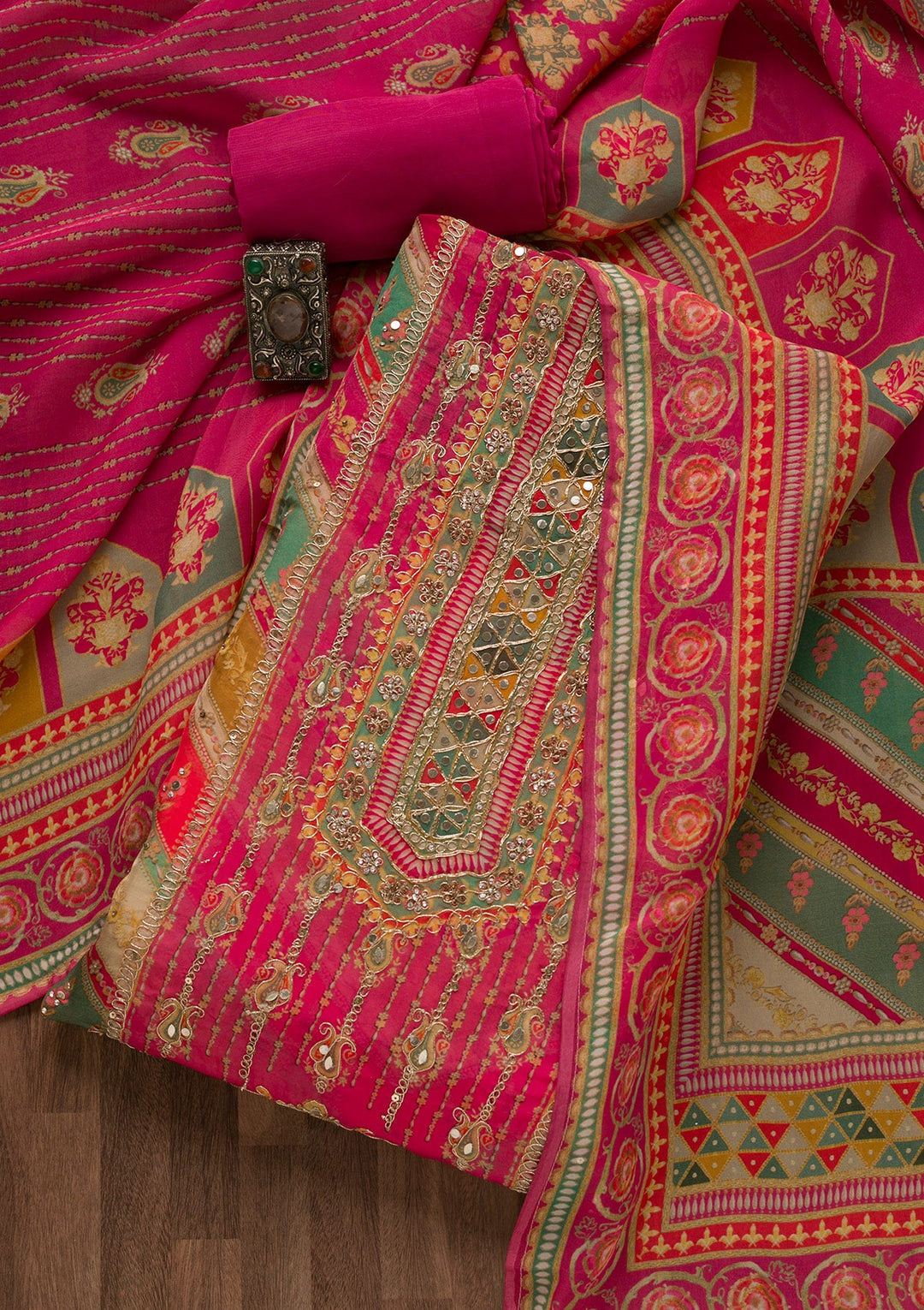 Rani Pink Printed Tissue Unstitched Salwar Suit-Koskii