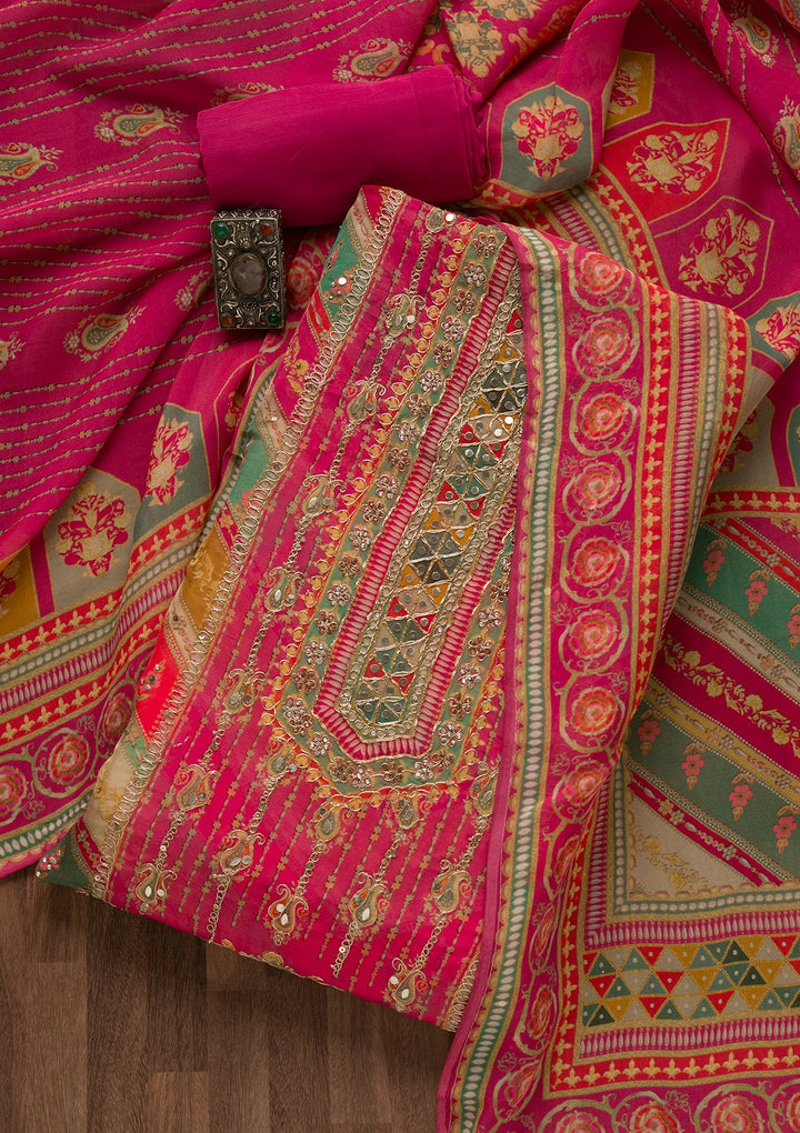 Rani Pink Printed Tissue Unstitched Salwar Suit-Koskii