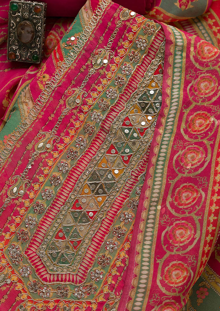 Rani Pink Printed Tissue Unstitched Salwar Suit-Koskii