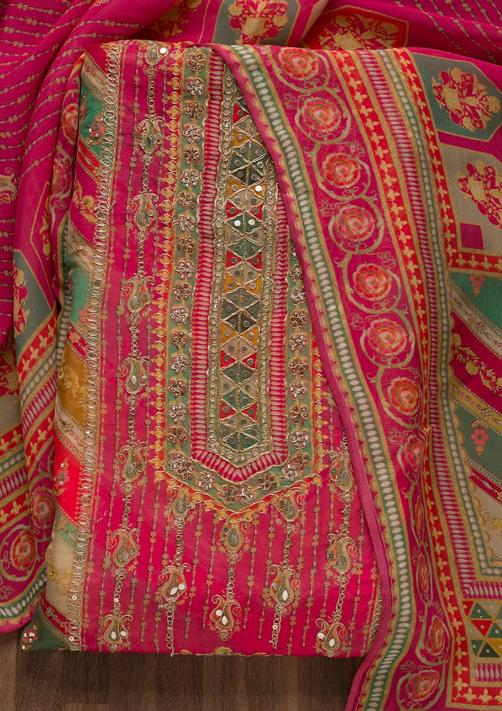 Rani Pink Printed Tissue Unstitched Salwar Suit-Koskii