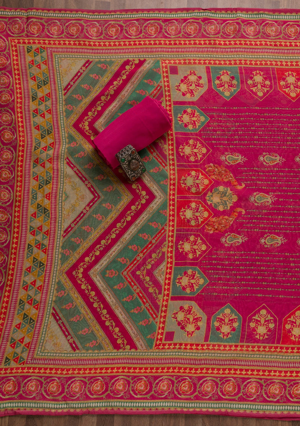 Rani Pink Printed Tissue Unstitched Salwar Suit-Koskii