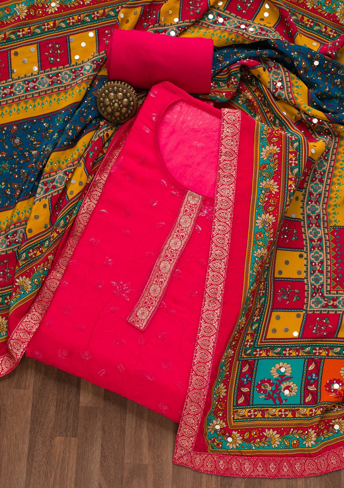 Rani Pink Sequins Tissue Unstitched Salwar Suit-Koskii
