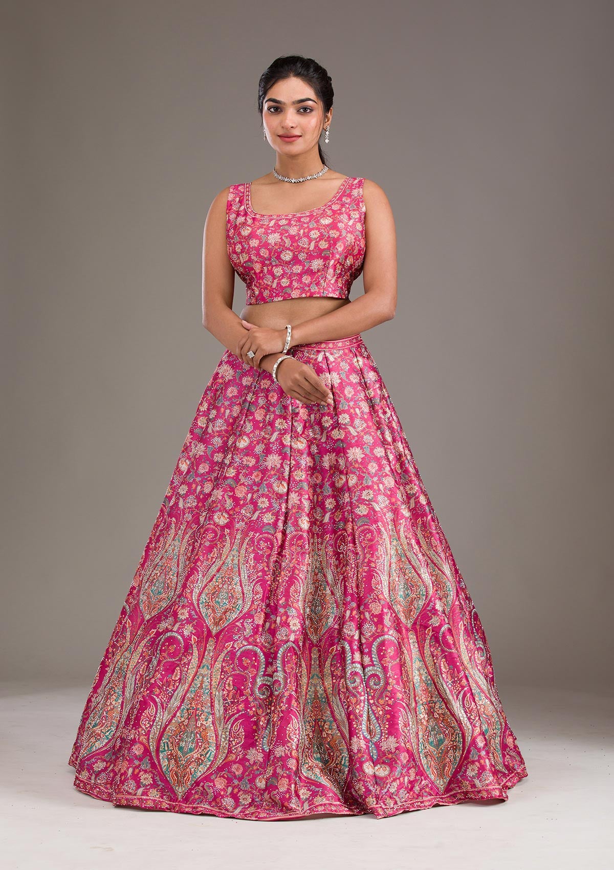 Rani Pink Silver Zariwork Banarasi Readymade Lehenga-Koskii