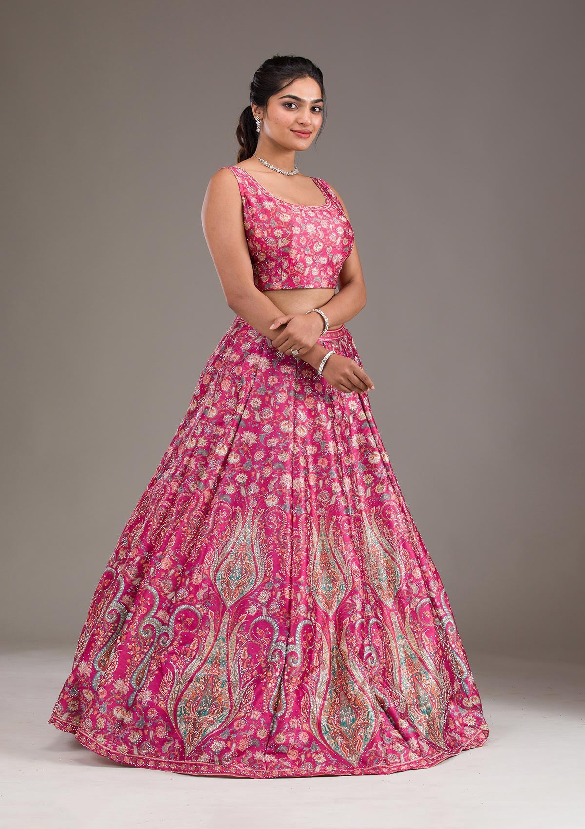 Rani Pink Silver Zariwork Banarasi Readymade Lehenga-Koskii