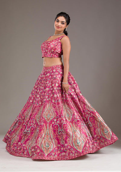 Rani Pink Silver Zariwork Banarasi Readymade Lehenga-Koskii