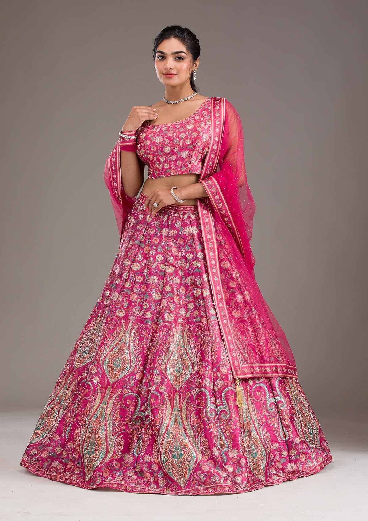 Rani Pink Silver Zariwork Banarasi Readymade Lehenga-Koskii