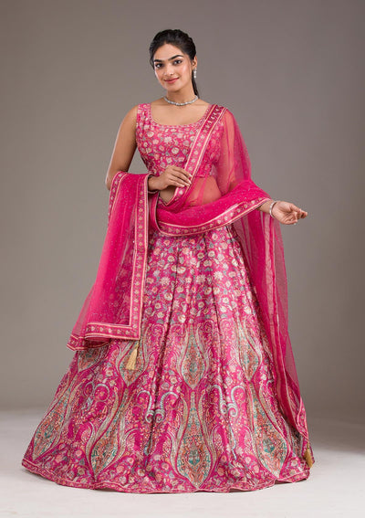 Rani Pink Silver Zariwork Banarasi Readymade Lehenga-Koskii