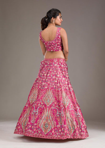 Rani Pink Silver Zariwork Banarasi Readymade Lehenga-Koskii