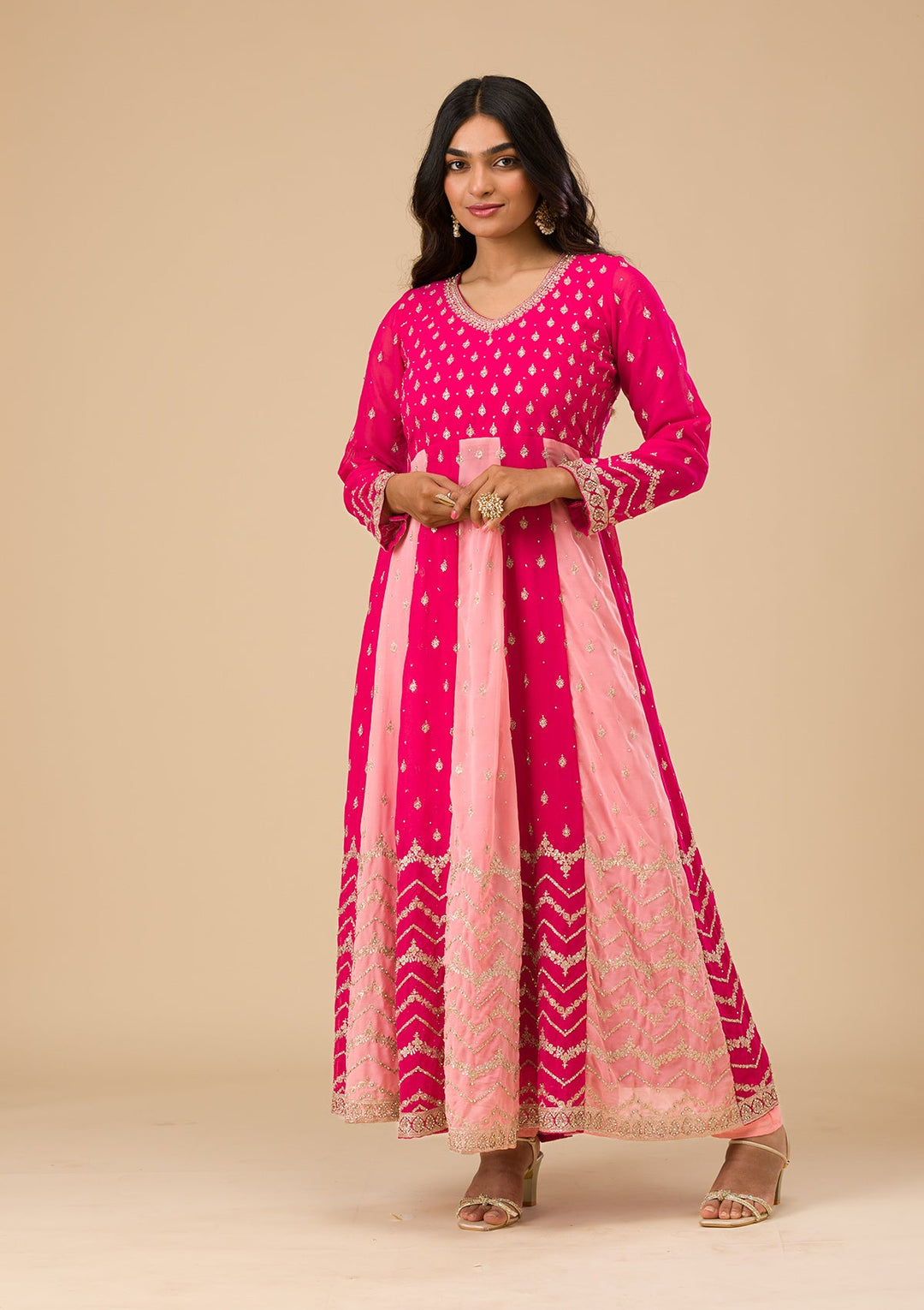Rani Pink Silver Zariwork Georgette Readymade Salwar Suit-Koskii