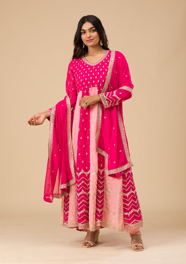 Rani Pink Silver Zariwork Georgette Readymade Salwar Suit-Koskii