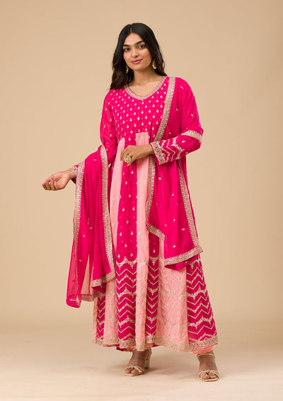 Rani Pink Silver Zariwork Georgette Readymade Salwar Suit-Koskii