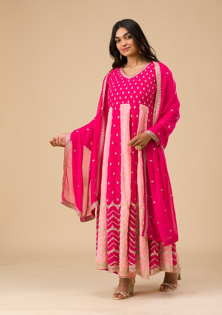 Rani Pink Silver Zariwork Georgette Readymade Salwar Suit-Koskii