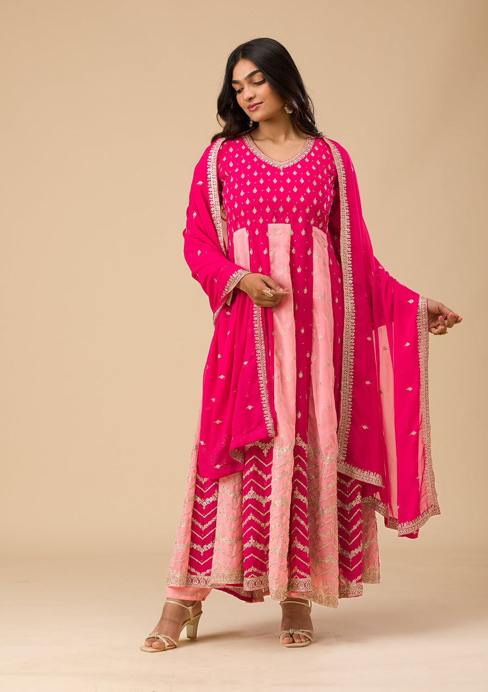 Rani Pink Silver Zariwork Georgette Readymade Salwar Suit-Koskii