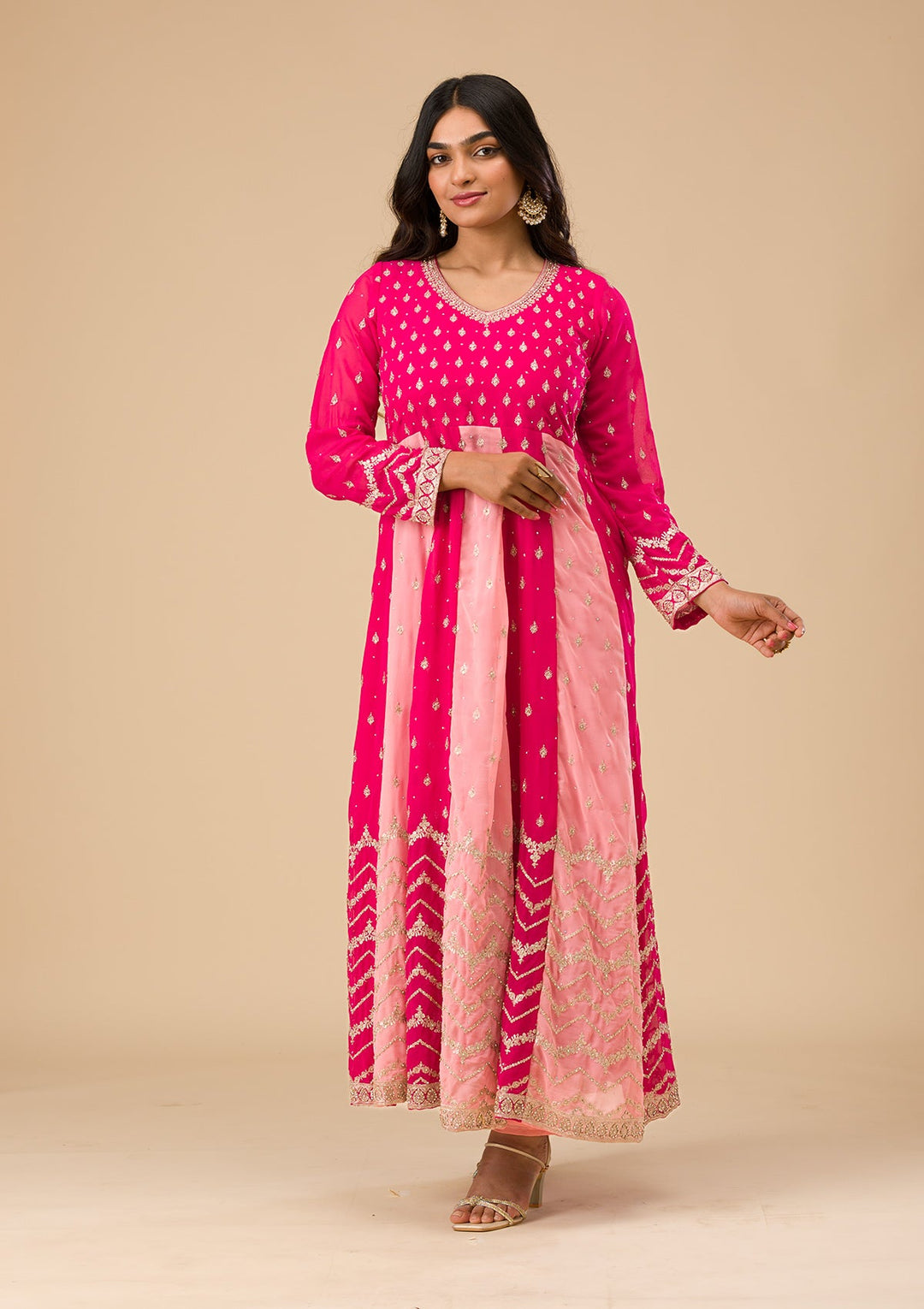 Rani Pink Silver Zariwork Georgette Readymade Salwar Suit-Koskii