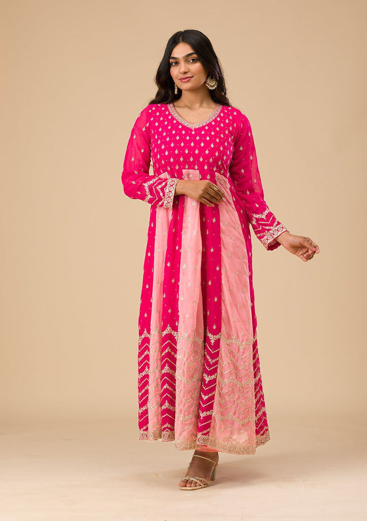 Rani Pink Silver Zariwork Georgette Readymade Salwar Suit-Koskii