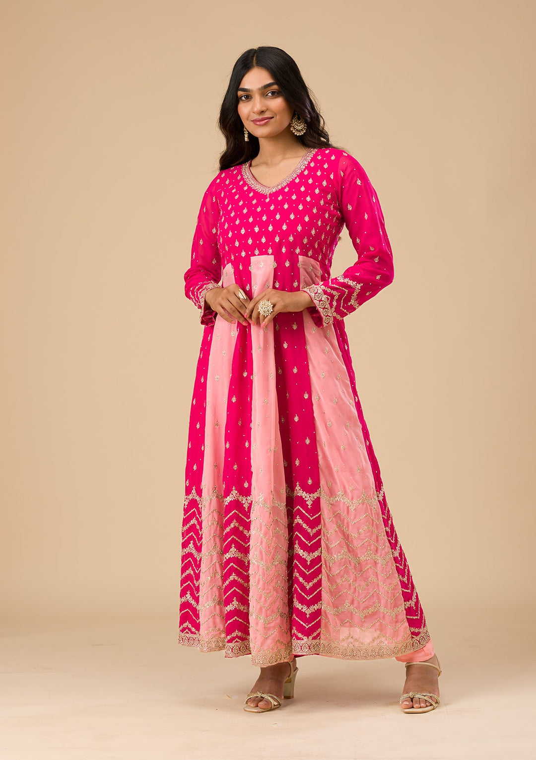 Rani Pink Silver Zariwork Georgette Readymade Salwar Suit-Koskii