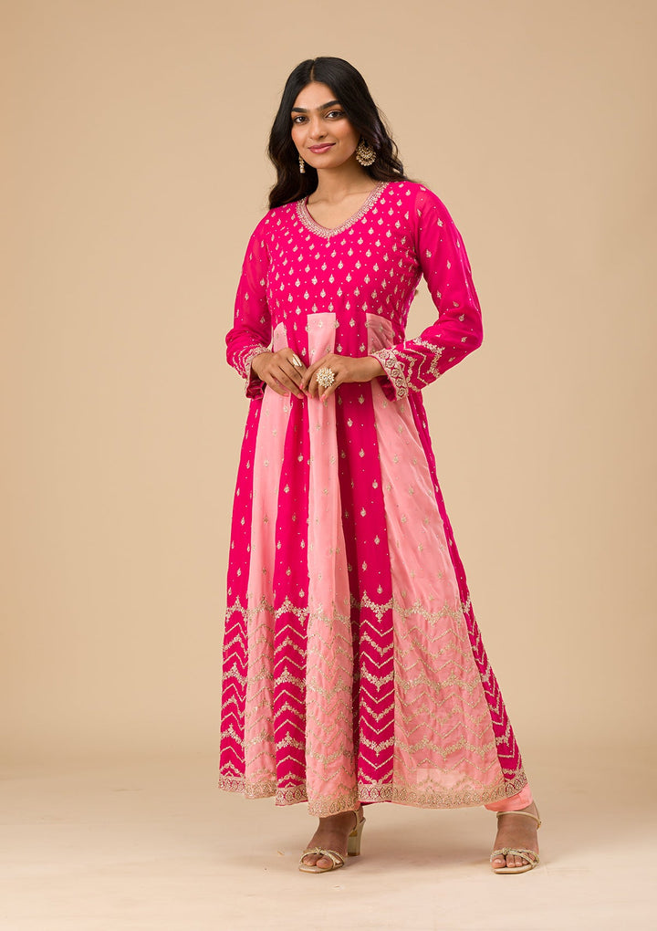 Rani Pink Silver Zariwork Georgette Readymade Salwar Suit-Koskii