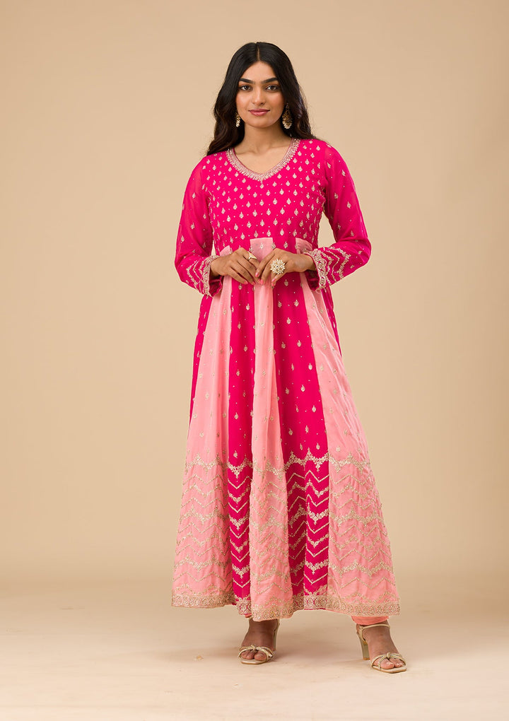 Rani Pink Silver Zariwork Georgette Readymade Salwar Suit-Koskii