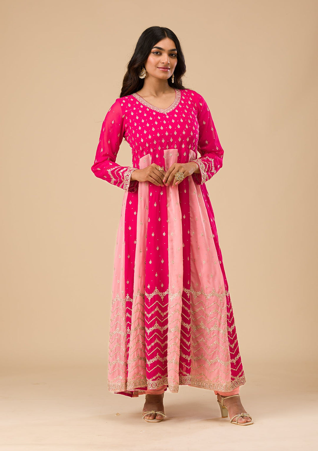 Rani Pink Silver Zariwork Georgette Readymade Salwar Suit-Koskii
