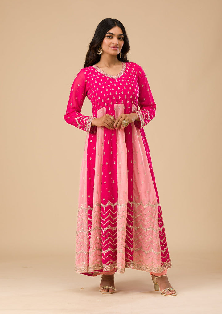 Rani Pink Silver Zariwork Georgette Readymade Salwar Suit-Koskii