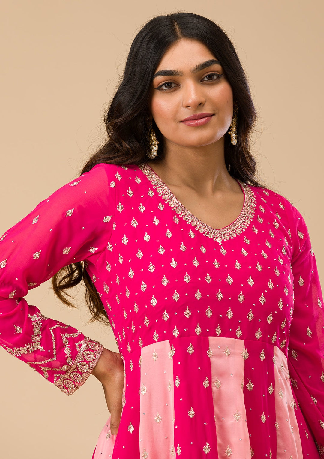 Rani Pink Silver Zariwork Georgette Readymade Salwar Suit-Koskii