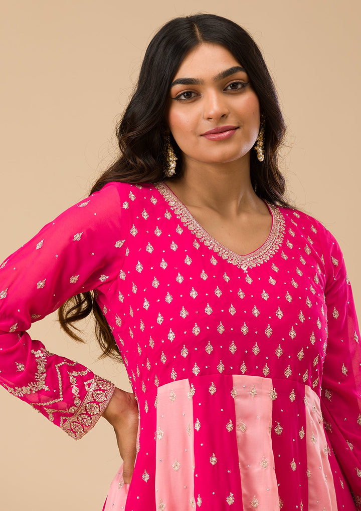 Rani Pink Silver Zariwork Georgette Readymade Salwar Suit-Koskii