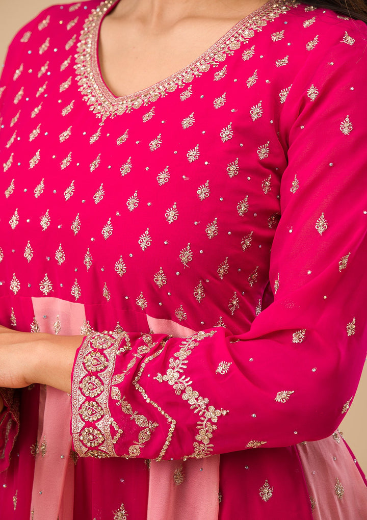 Rani Pink Silver Zariwork Georgette Readymade Salwar Suit-Koskii