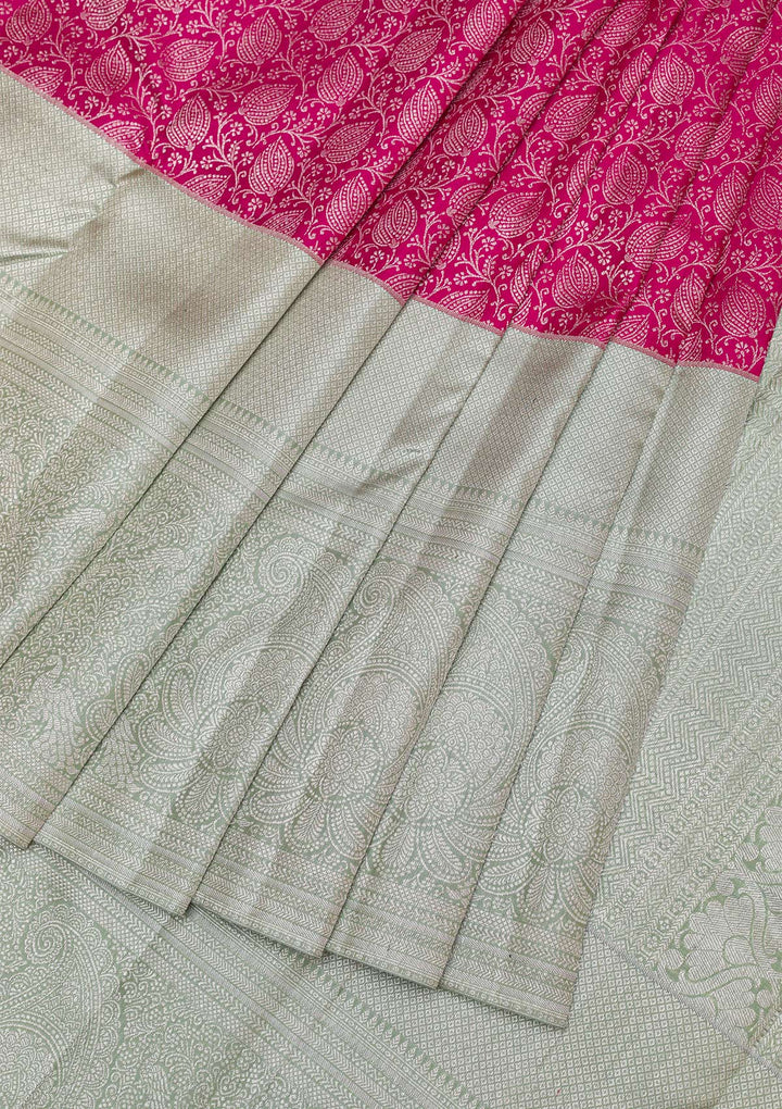 Rani Pink Silver Zariwork Pure Silk Saree-Koskii