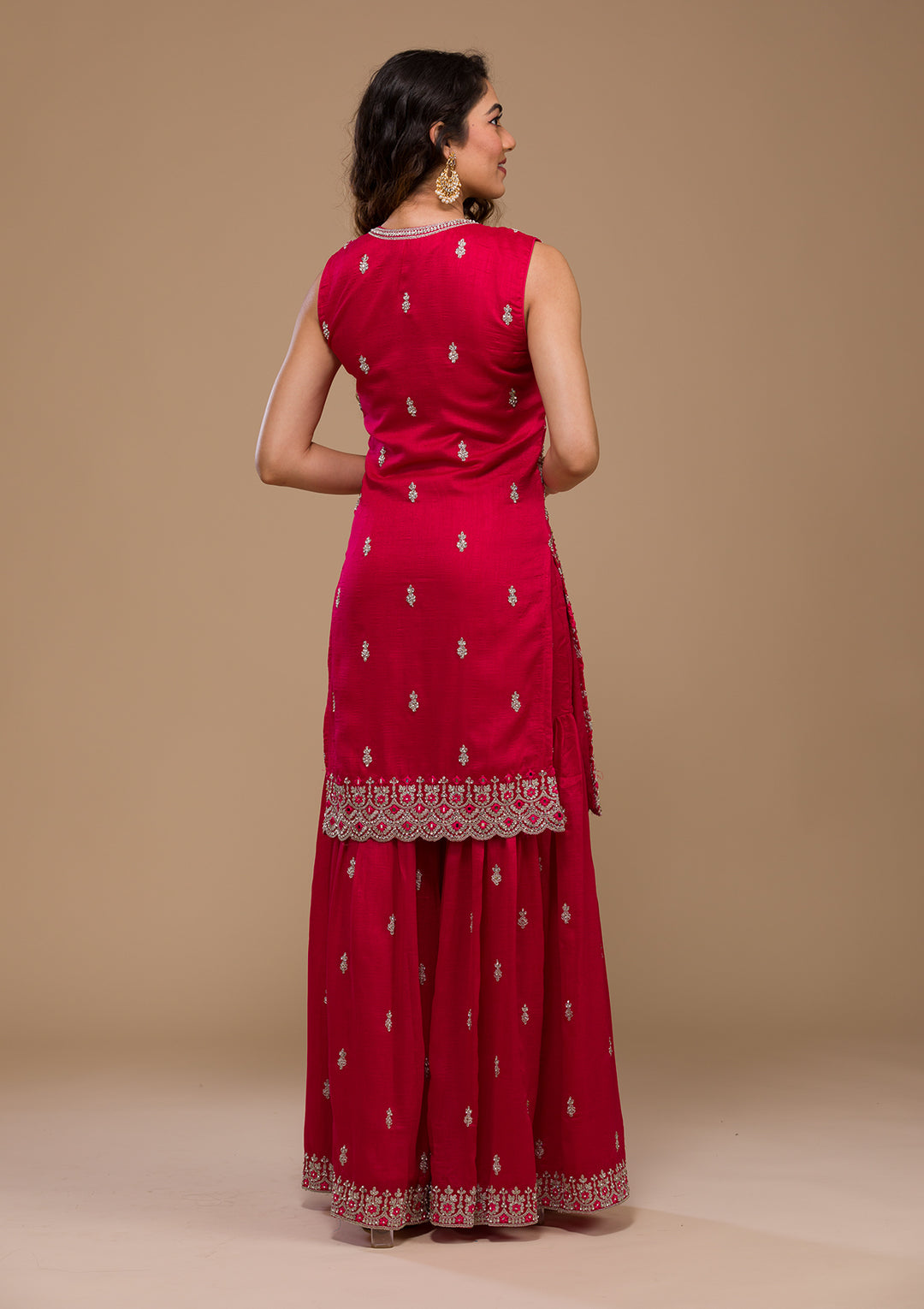 Rani Pink Silver Zariwork Raw Silk Readymade Salwar Kameez-Koskii