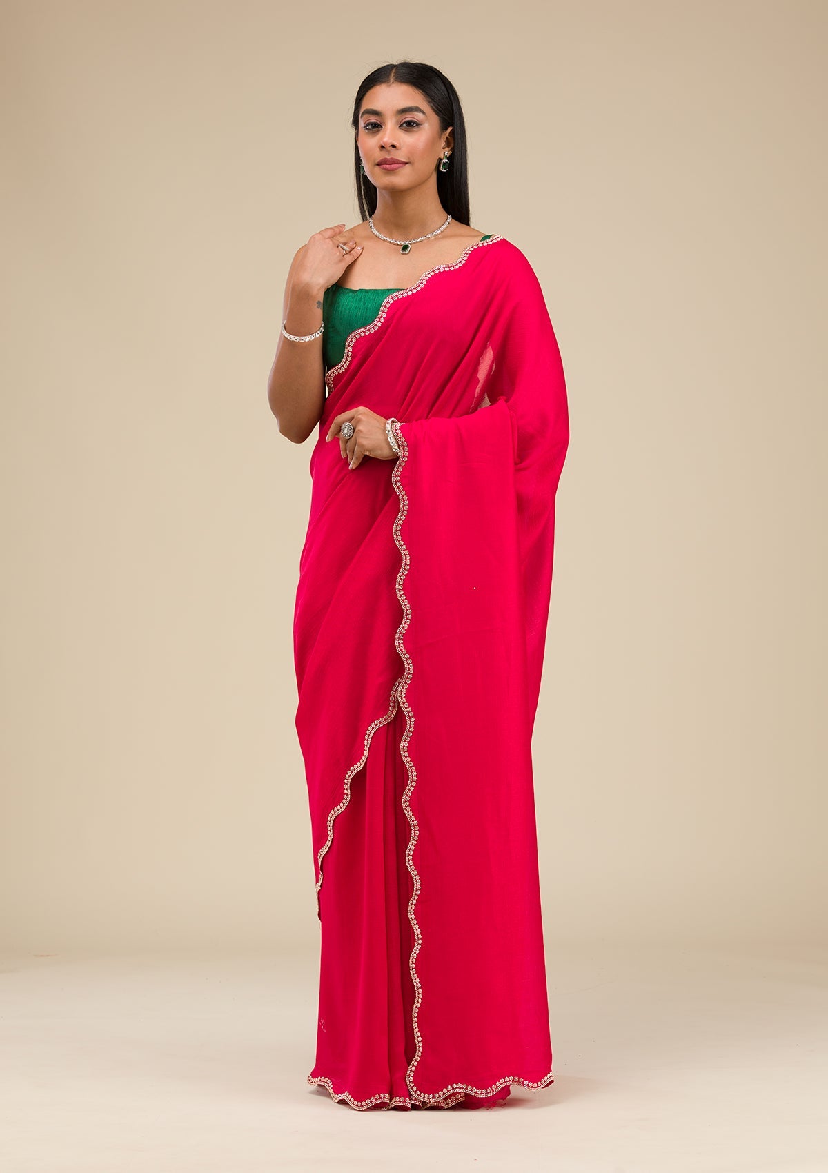 Rani Pink Stonework Art Silk Saree-Koskii