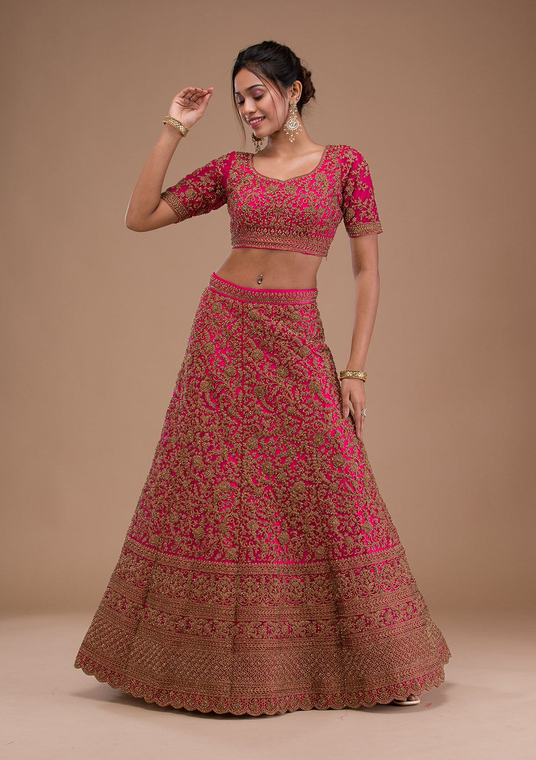 Rani Pink Stonework Net Readymade Lehenga-Koskii