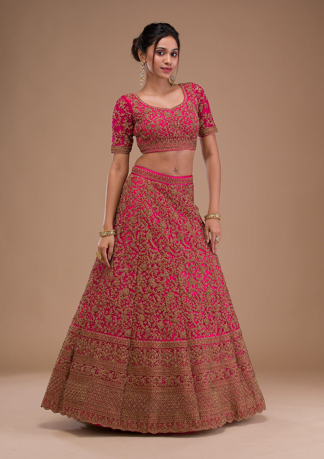 Rani Pink Stonework Net Readymade Lehenga-Koskii