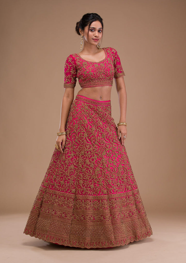 Rani Pink Stonework Net Readymade Lehenga-Koskii