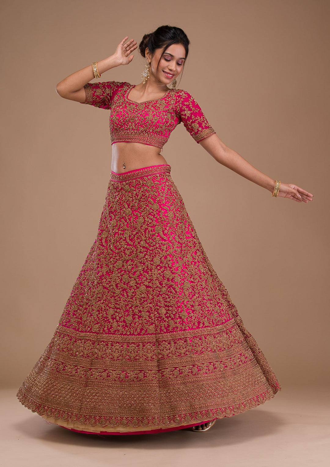 Rani Pink Stonework Net Readymade Lehenga-Koskii