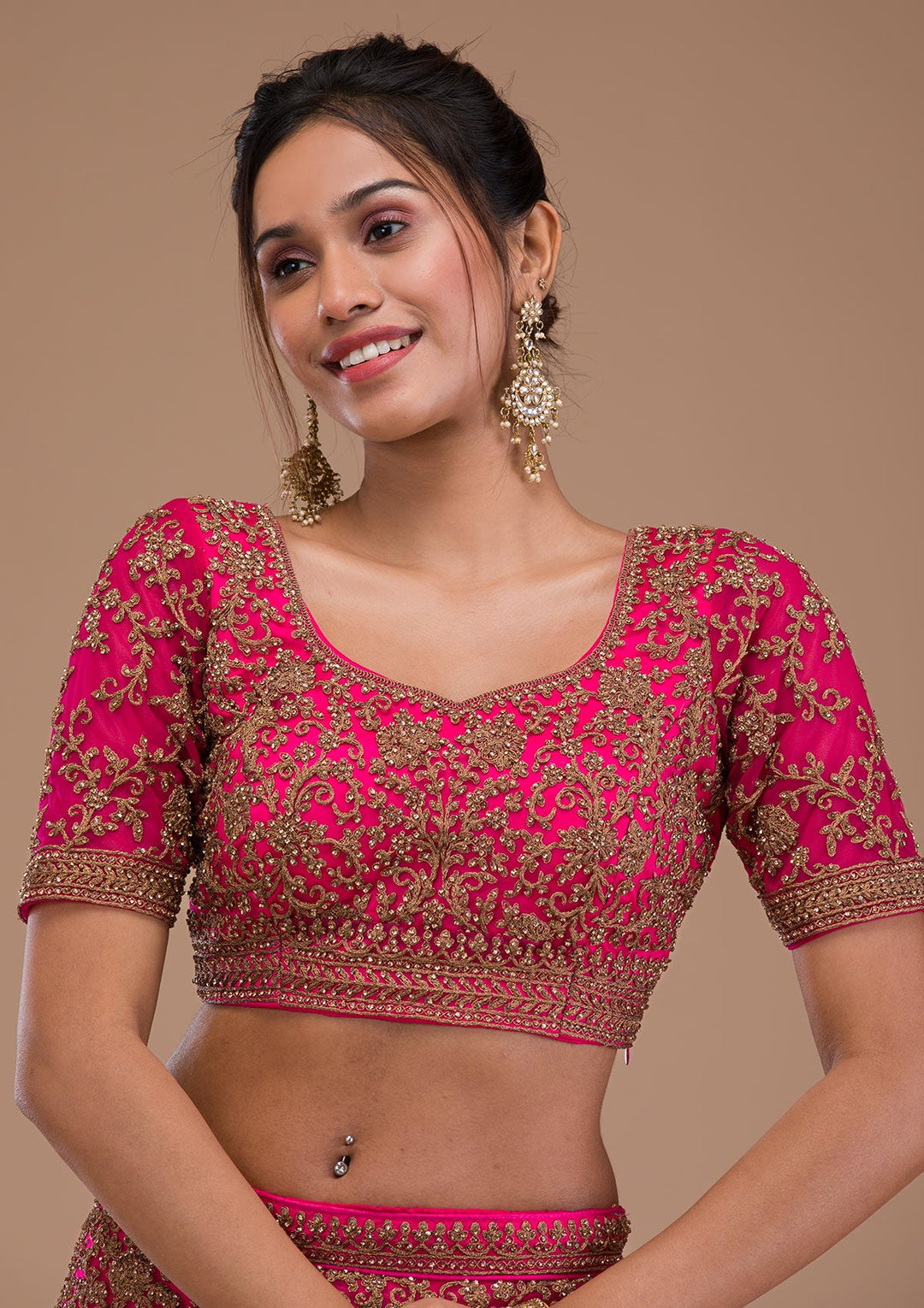 Rani Pink Stonework Net Readymade Lehenga-Koskii