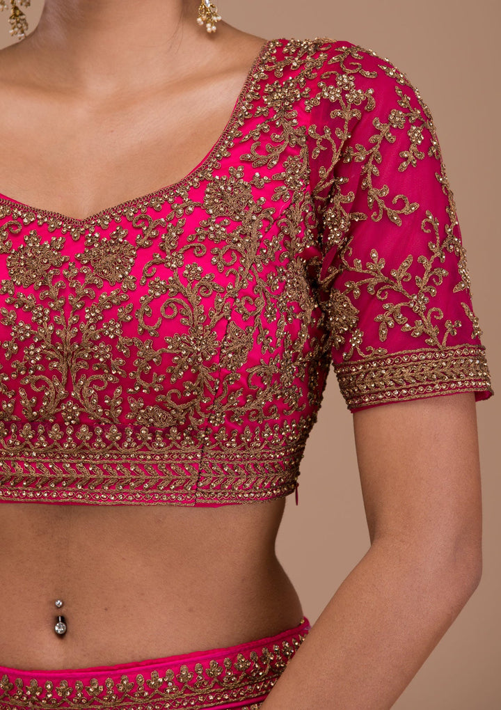 Rani Pink Stonework Net Readymade Lehenga-Koskii